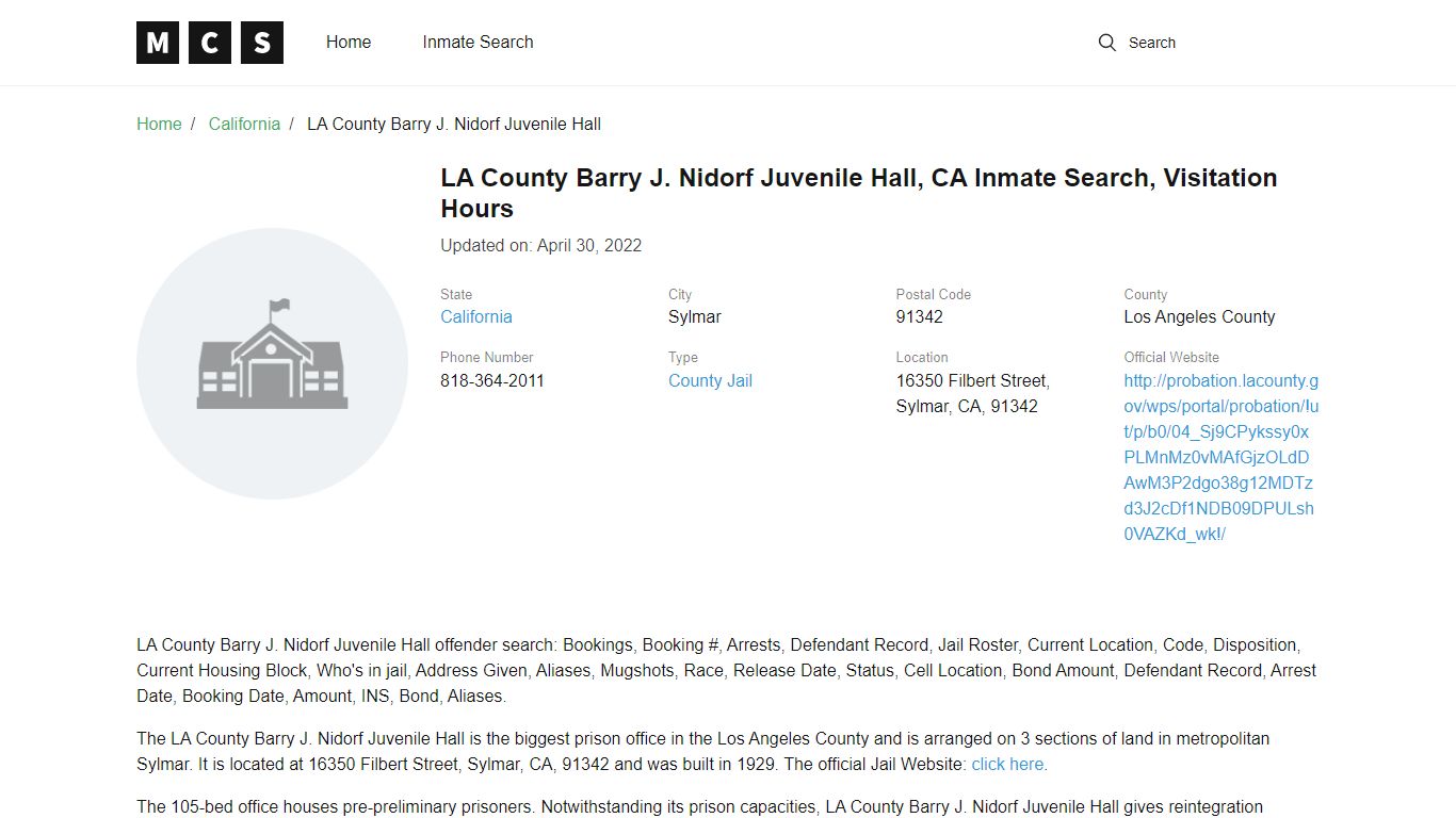 LA County Barry J. Nidorf Juvenile Hall , CA Inmate Search ...
