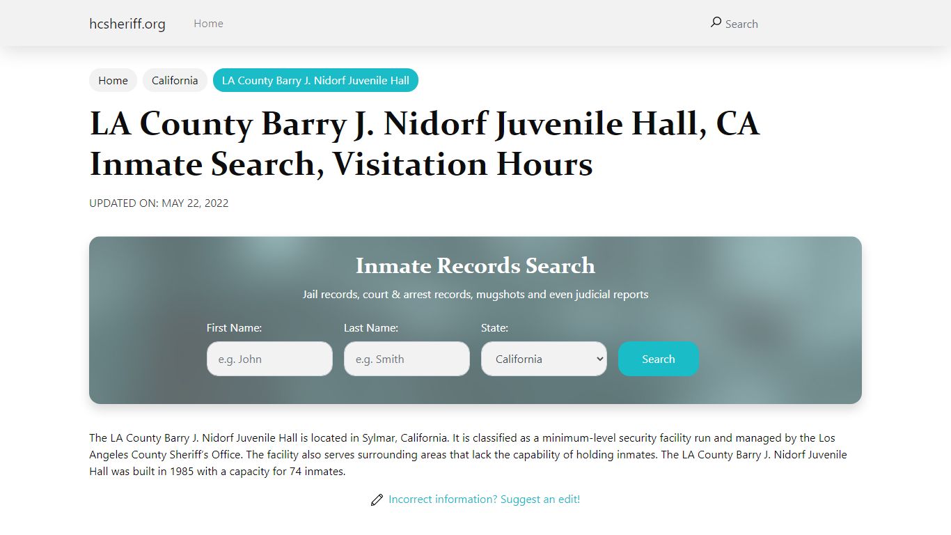 LA County Barry J. Nidorf Juvenile Hall, CA Inmate Search ...